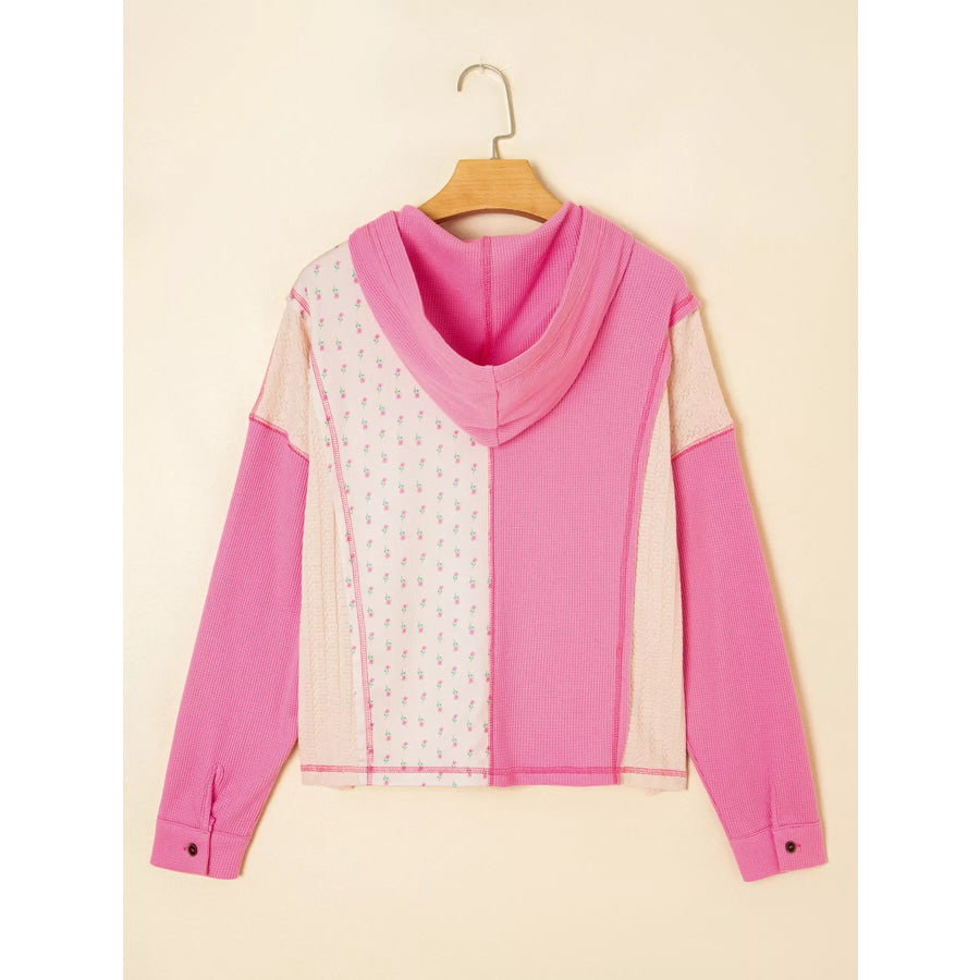 Mixed Texture Waffle Floral Patchwork Hooded Oversize Pullover Apparel and Accessories