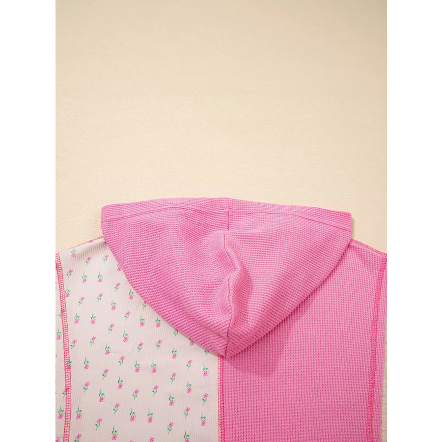 Mixed Texture Waffle Floral Patchwork Hooded Oversize Pullover Apparel and Accessories