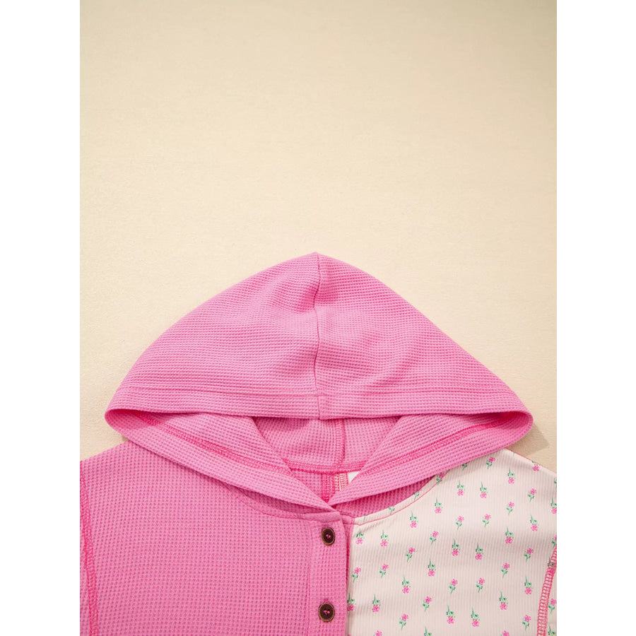 Mixed Texture Waffle Floral Patchwork Hooded Oversize Pullover Apparel and Accessories