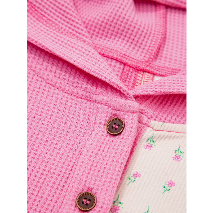 Mixed Texture Waffle Floral Patchwork Hooded Oversize Pullover Apparel and Accessories