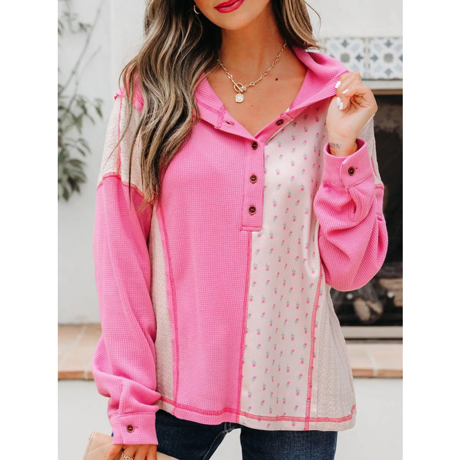 Mixed Texture Waffle Floral Patchwork Hooded Oversize Pullover Apparel and Accessories