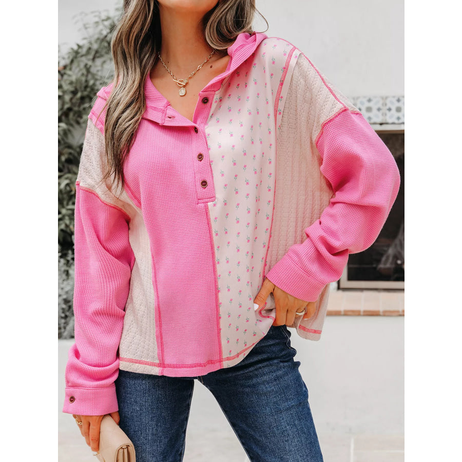 Mixed Texture Waffle Floral Patchwork Hooded Oversize Pullover Pink / S Apparel and Accessories