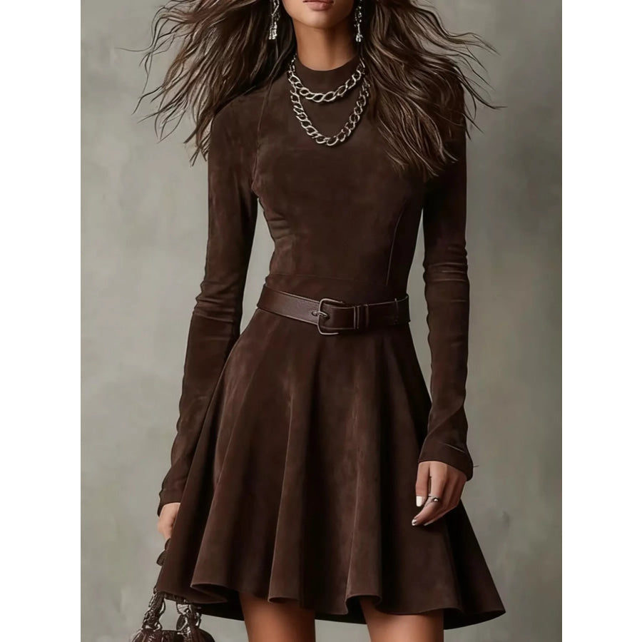 Mock Neck A-Line Dress Dark Brown / S Apparel and Accessories