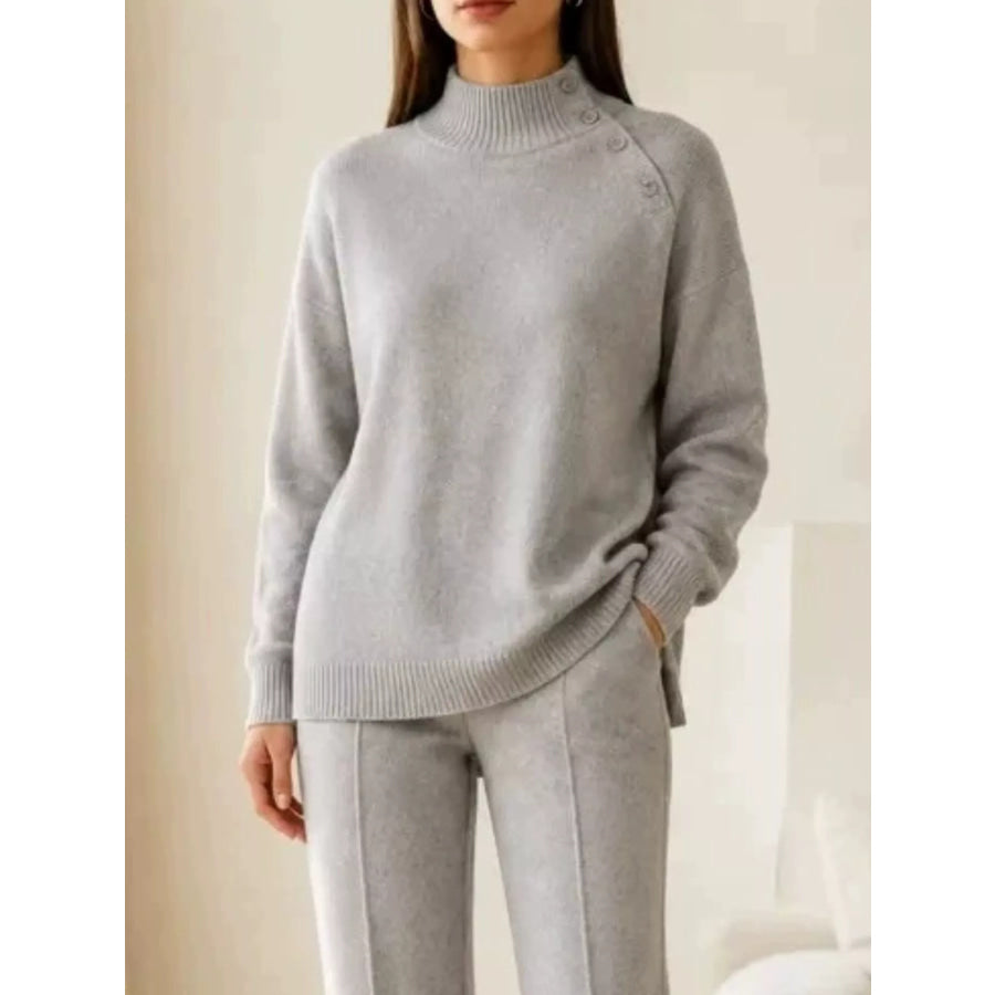 Mock Neck Button-Detail Sweater and Pants Set Gray / S Apparel Accessories