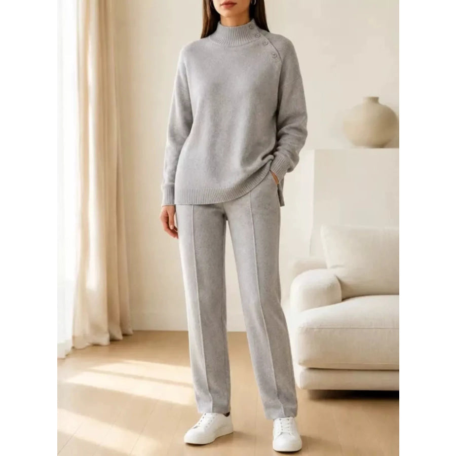 Mock Neck Button-Detail Sweater and Pants Set Gray / S Apparel Accessories