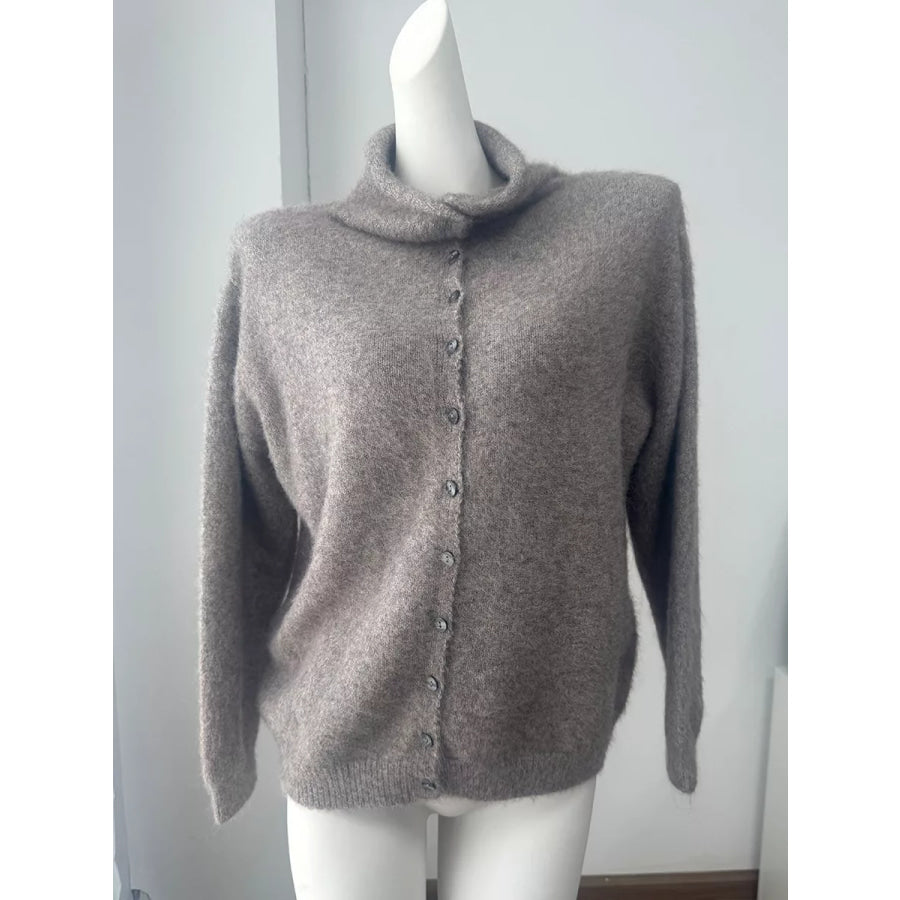 Mock Neck Button-Down Fuzzy Knit Cardigan Apparel and Accessories