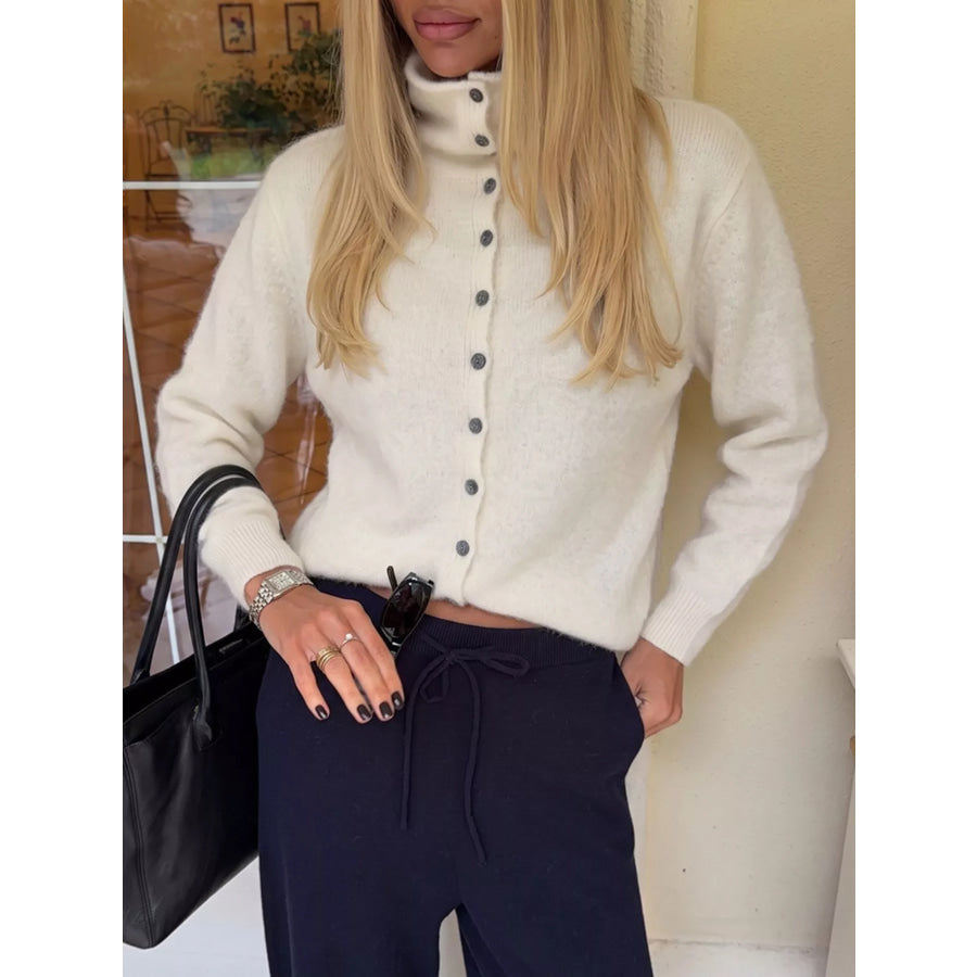 Mock Neck Button-Down Fuzzy Knit Cardigan Apparel and Accessories