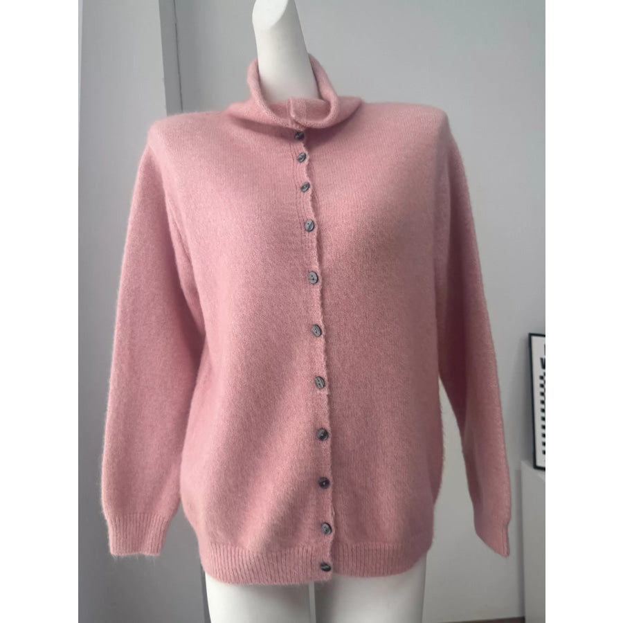 Mock Neck Button-Down Fuzzy Knit Cardigan Apparel and Accessories