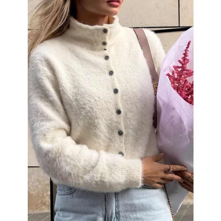 Mock Neck Button-Down Fuzzy Knit Cardigan Apparel and Accessories