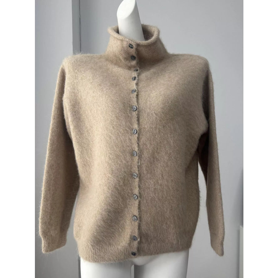 Mock Neck Button-Down Fuzzy Knit Cardigan Apparel and Accessories