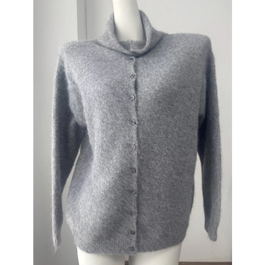 Mock Neck Button-Down Fuzzy Knit Cardigan Apparel and Accessories