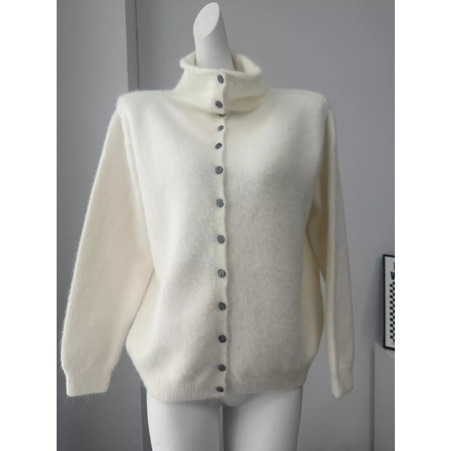 Mock Neck Button-Down Fuzzy Knit Cardigan Apparel and Accessories
