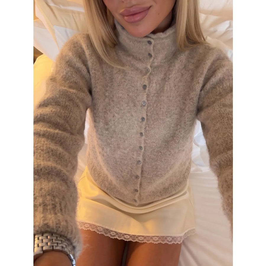 Mock Neck Button-Down Fuzzy Knit Cardigan Apparel and Accessories