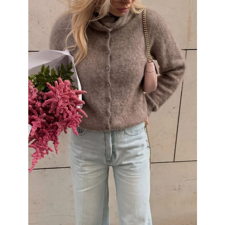 Mock Neck Button-Down Fuzzy Knit Cardigan Apparel and Accessories