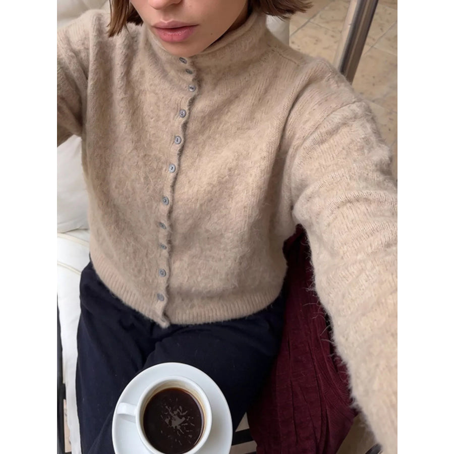 Mock Neck Button-Down Fuzzy Knit Cardigan Apparel and Accessories