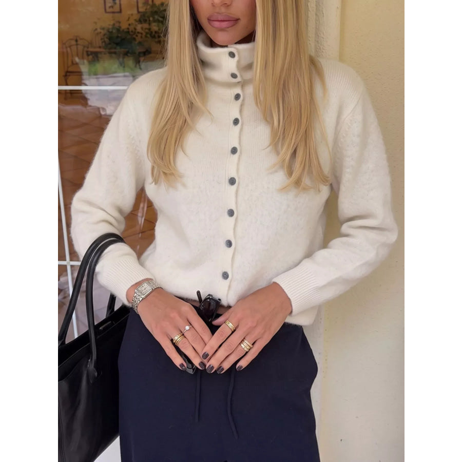Mock Neck Button-Down Fuzzy Knit Cardigan Apparel and Accessories