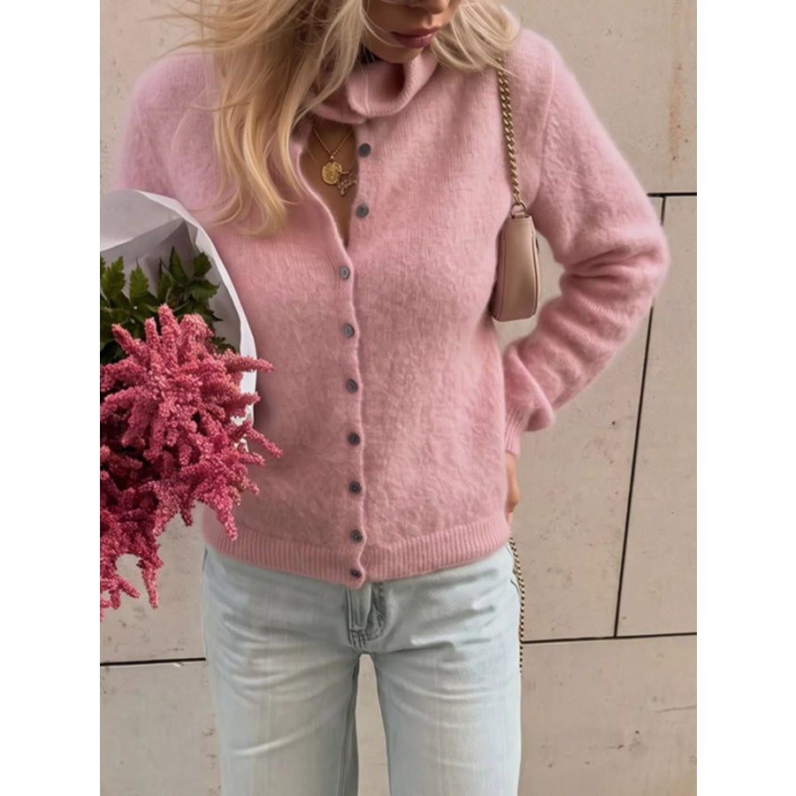 Mock Neck Button-Down Fuzzy Knit Cardigan Apparel and Accessories
