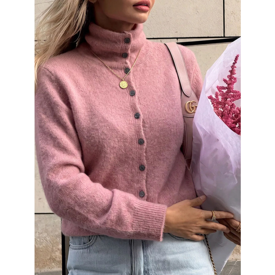 Mock Neck Button-Down Fuzzy Knit Cardigan Dusty Pink / One Size Apparel and Accessories