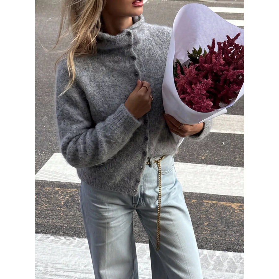 Mock Neck Button-Down Fuzzy Knit Cardigan Gray / One Size Apparel and Accessories
