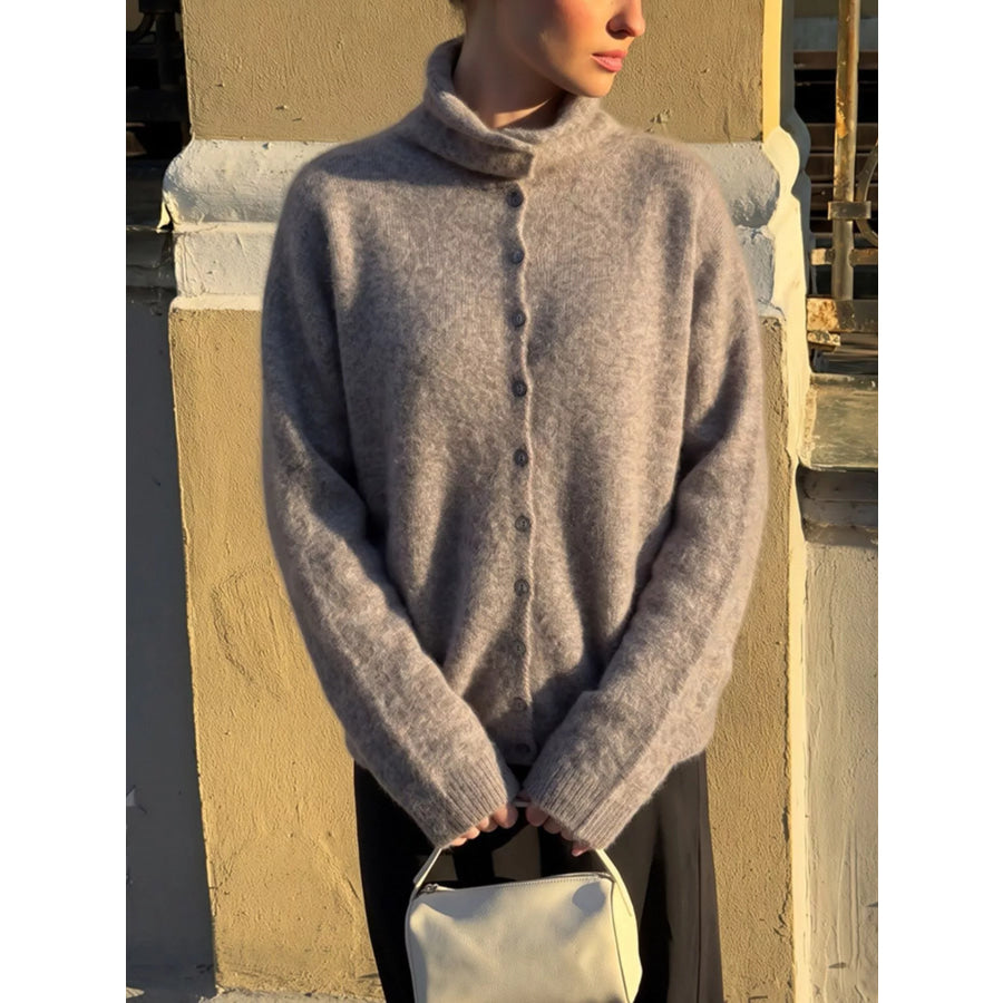 Mock Neck Button-Down Fuzzy Knit Cardigan Mocha / One Size Apparel and Accessories