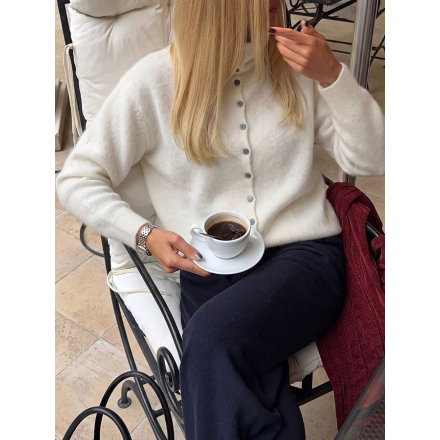 Mock Neck Button-Down Fuzzy Knit Cardigan White / One Size Apparel and Accessories