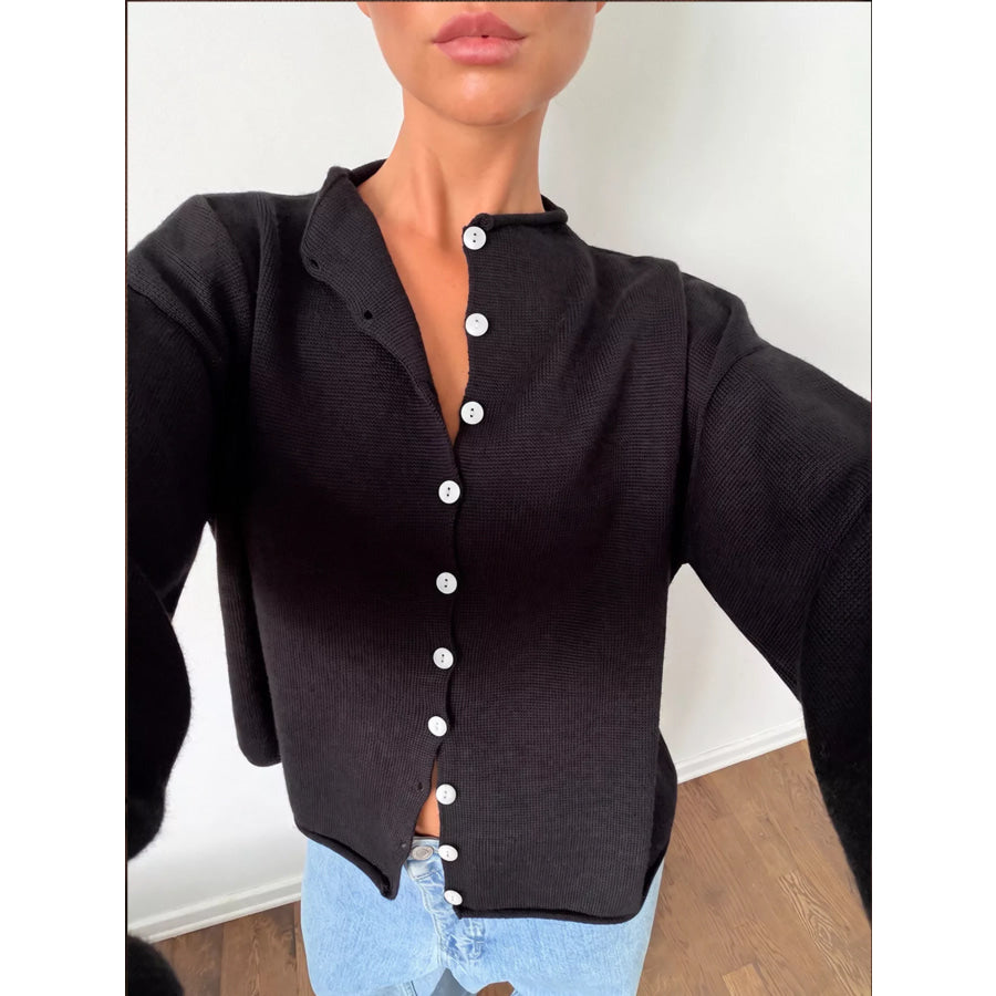 Mock Neck Button-Down Knit Cardigan Black / S Apparel and Accessories