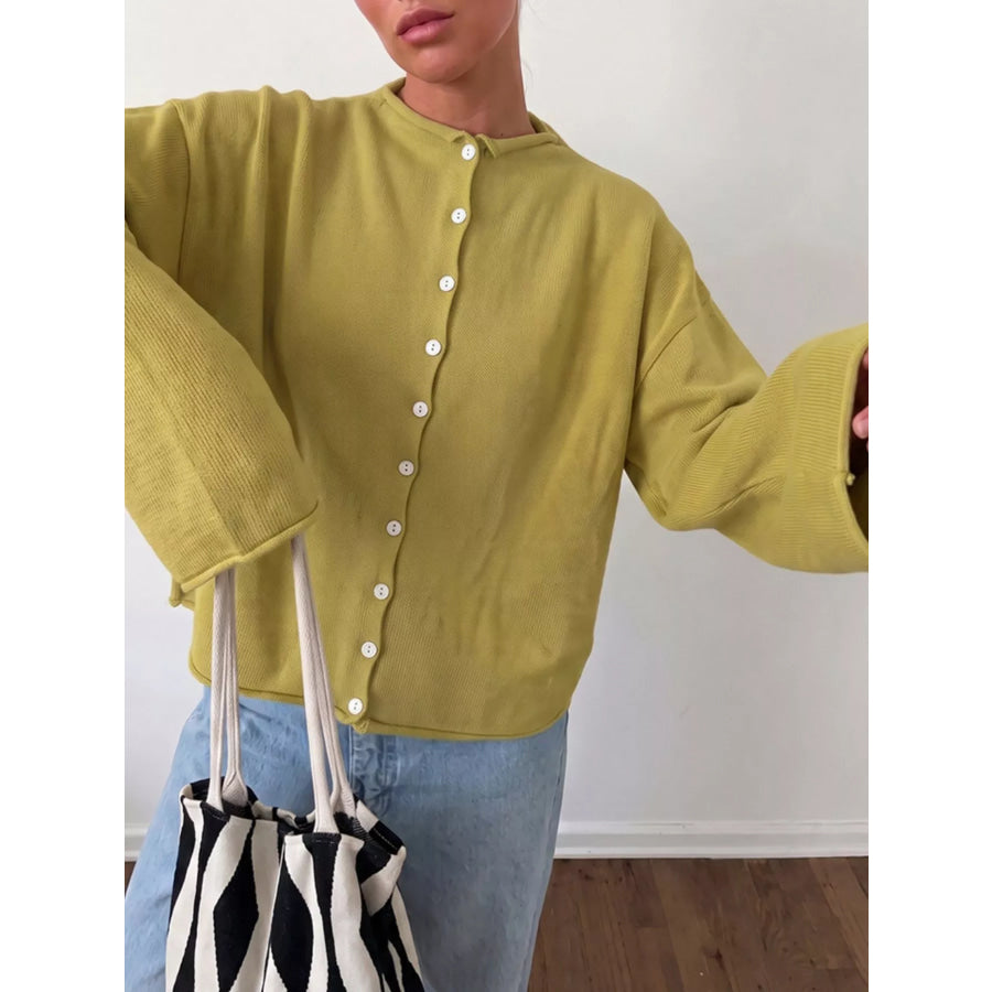 Mock Neck Button-Down Knit Cardigan Chartreuse / S Apparel and Accessories