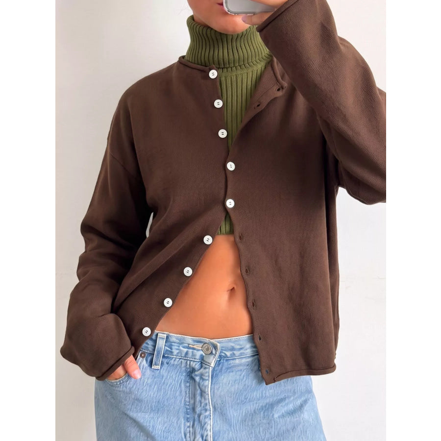 Mock Neck Button-Down Knit Cardigan Dark Brown / S Apparel and Accessories