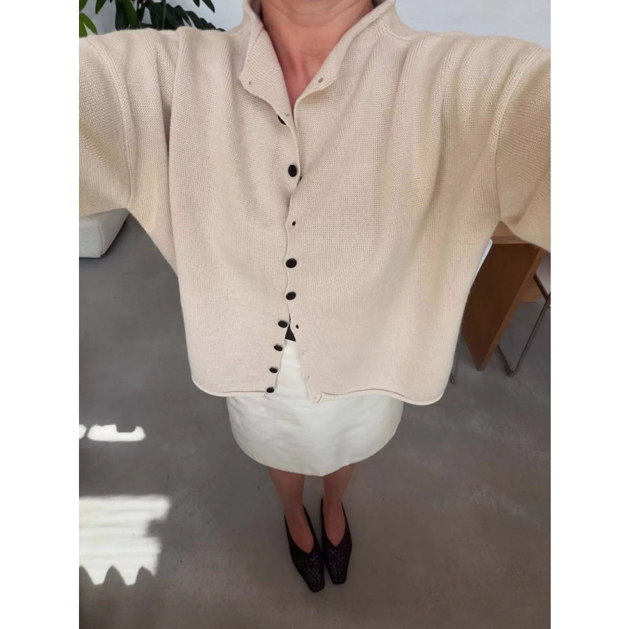 Mock Neck Button-Down Knit Cardigan Eggshell / S Apparel and Accessories