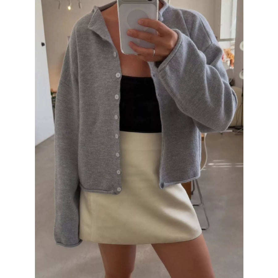 Mock Neck Button-Down Knit Cardigan Light Gray / S Apparel and Accessories