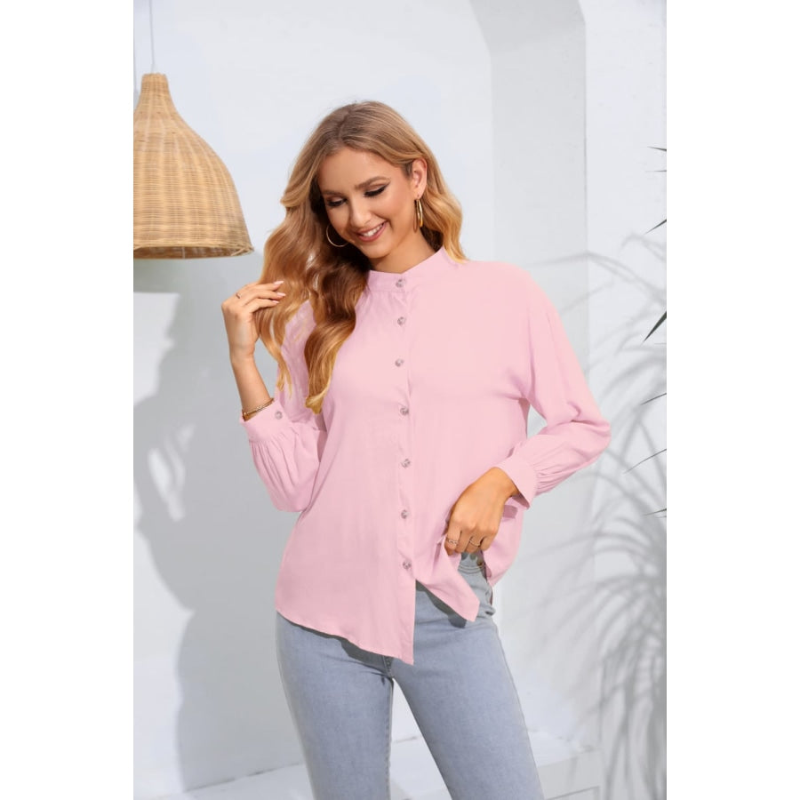 Mock Neck Buttoned Long Sleeve Shirt Carnation Pink / S