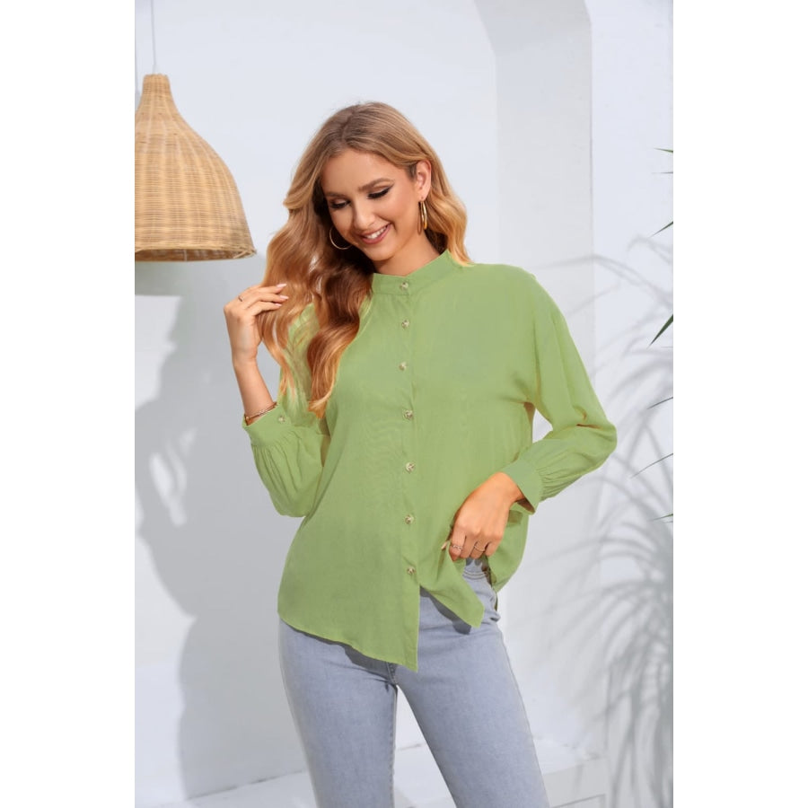 Mock Neck Buttoned Long Sleeve Shirt Gum Leaf / S