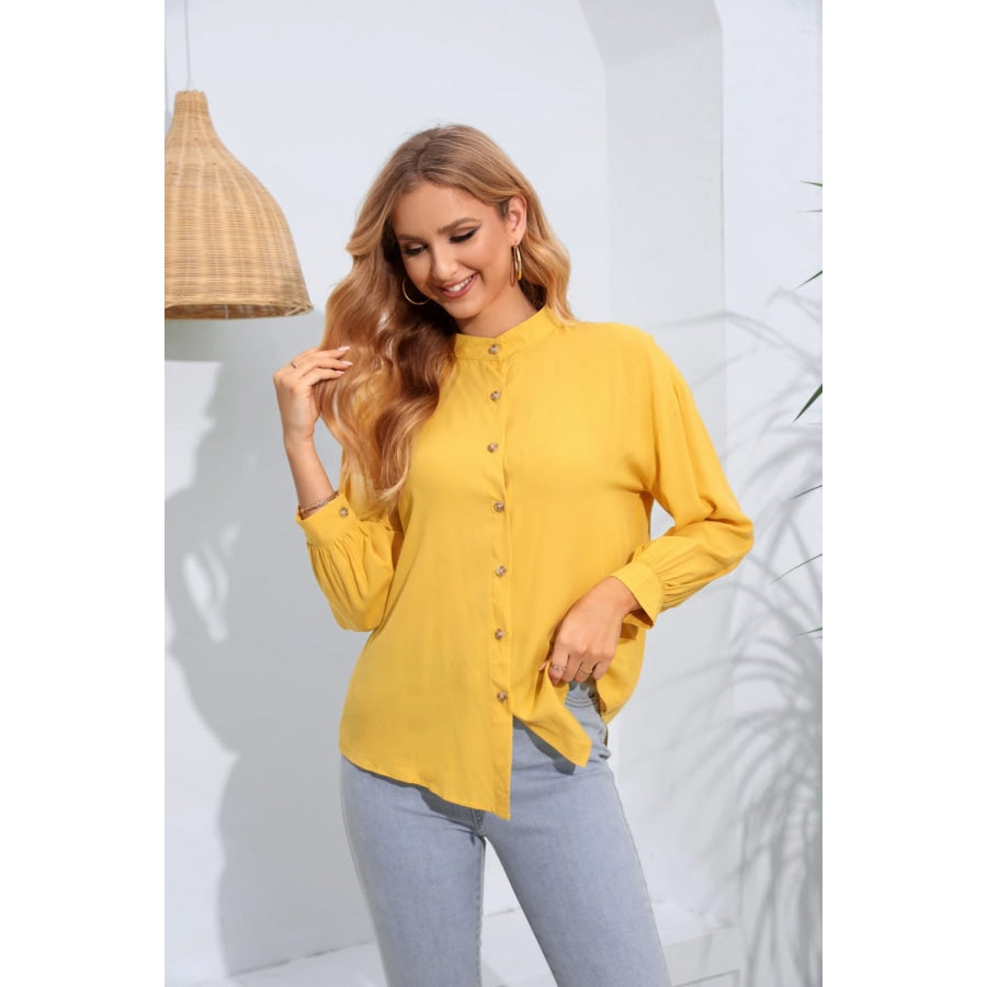 Mock Neck Buttoned Long Sleeve Shirt Straw / S