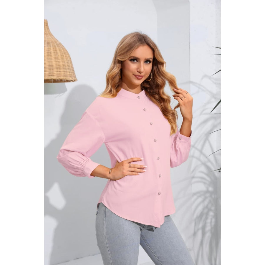 Mock Neck Buttoned Long Sleeve Shirt