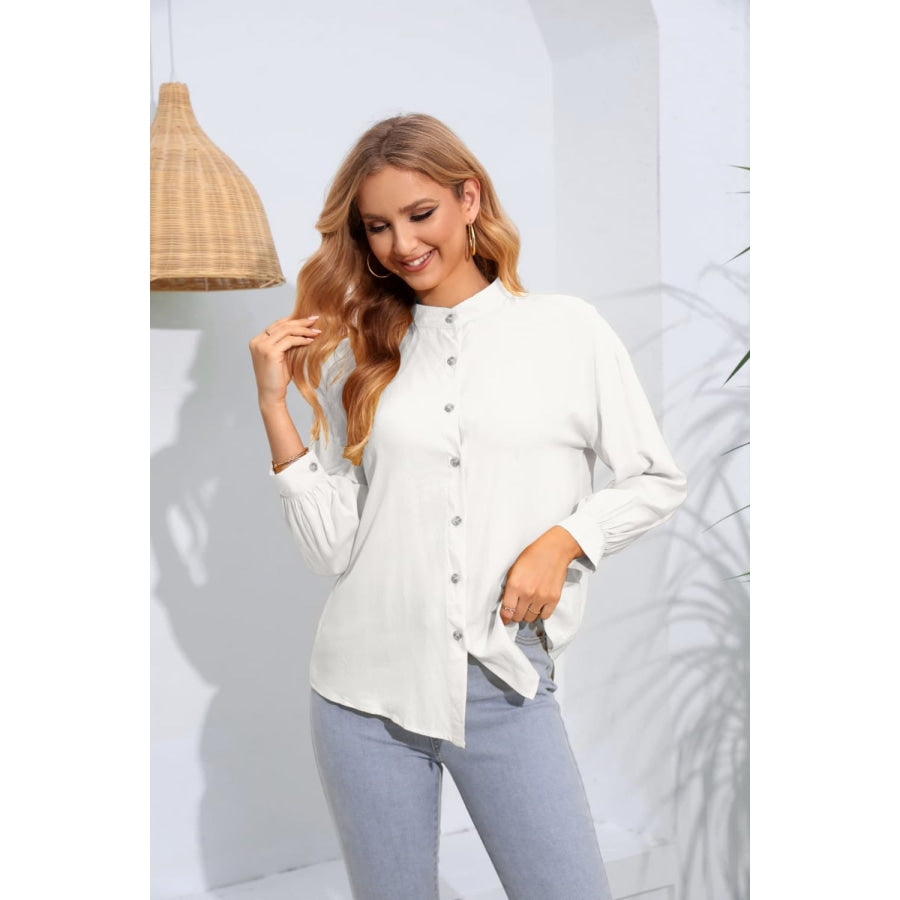 Mock Neck Buttoned Long Sleeve Shirt White / S