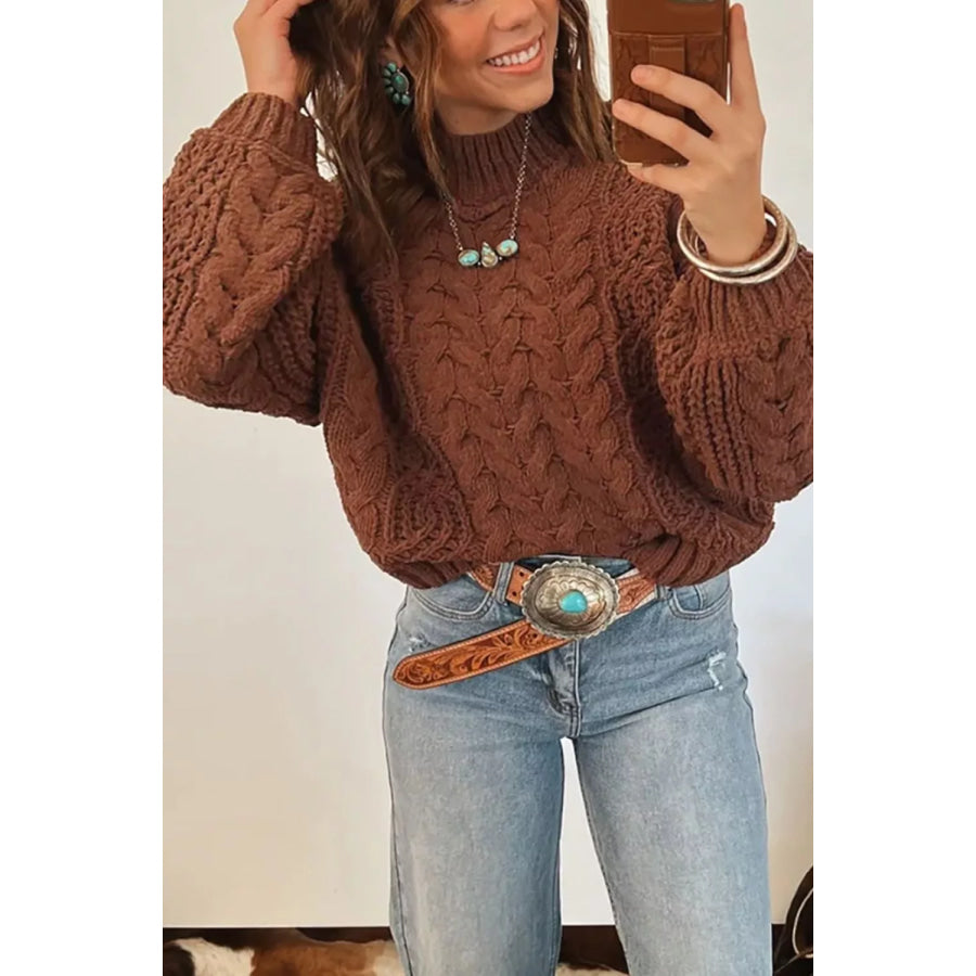 Mock Neck Cable Knit Sweater Brown / S Apparel and Accessories