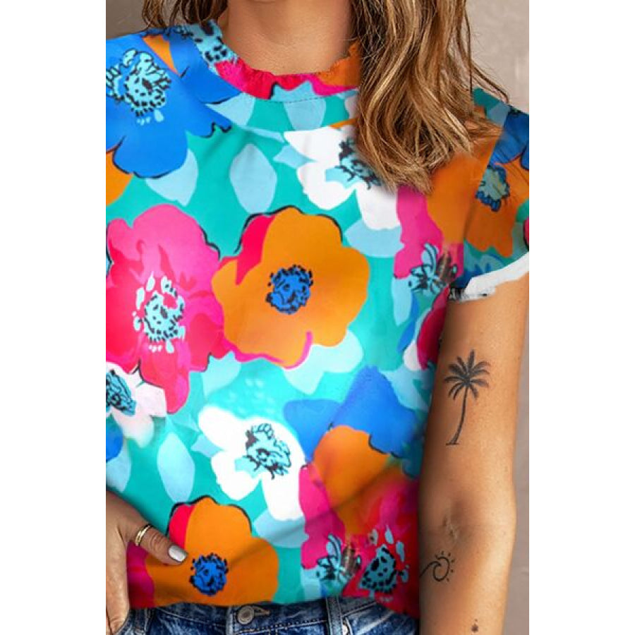 Mock Neck Cap Sleeve Blouse Floral / S Apparel and Accessories