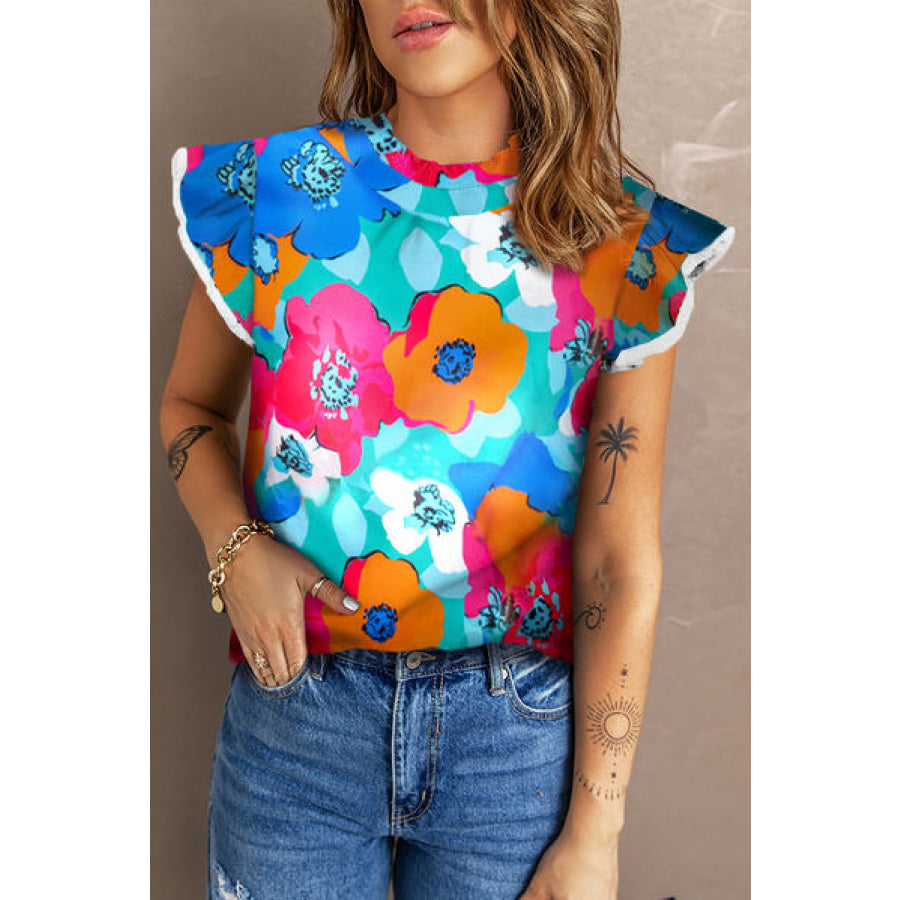 Mock Neck Cap Sleeve Blouse Floral / S Apparel and Accessories