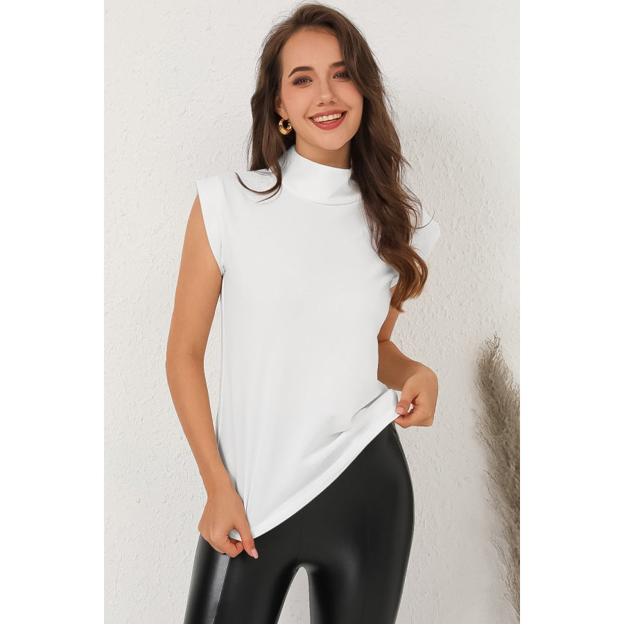 Mock Neck Cap Sleeve Blouse White / S