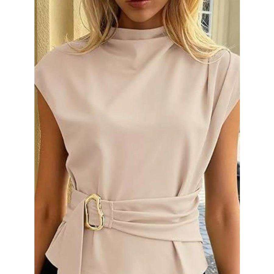 Mock Neck Cap Sleeve Buckle Top Apparel and Accessories