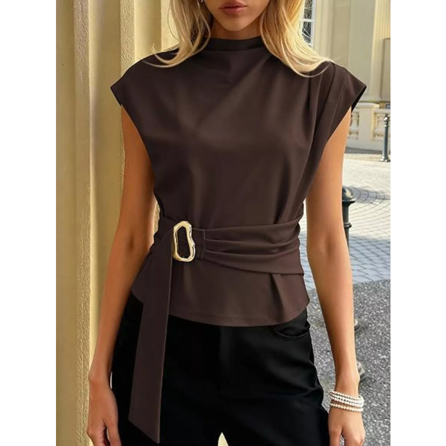 Mock Neck Cap Sleeve Buckle Top Apparel and Accessories