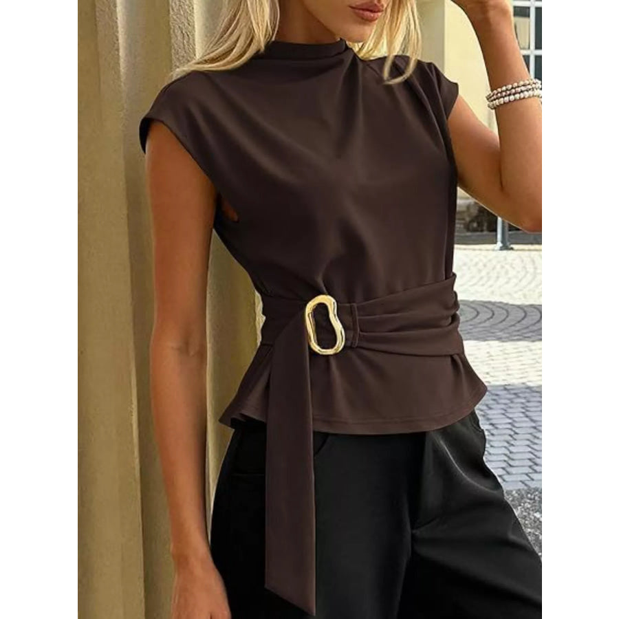 Mock Neck Cap Sleeve Buckle Top Apparel and Accessories