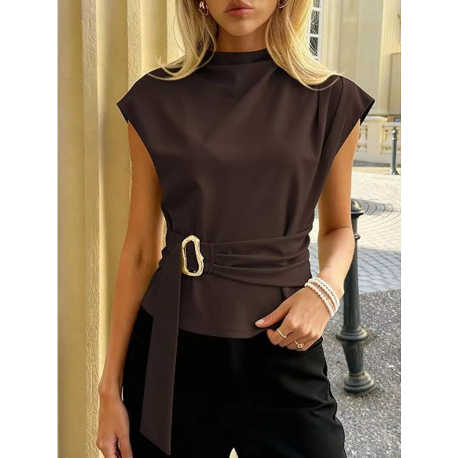 Mock Neck Cap Sleeve Buckle Top Apparel and Accessories