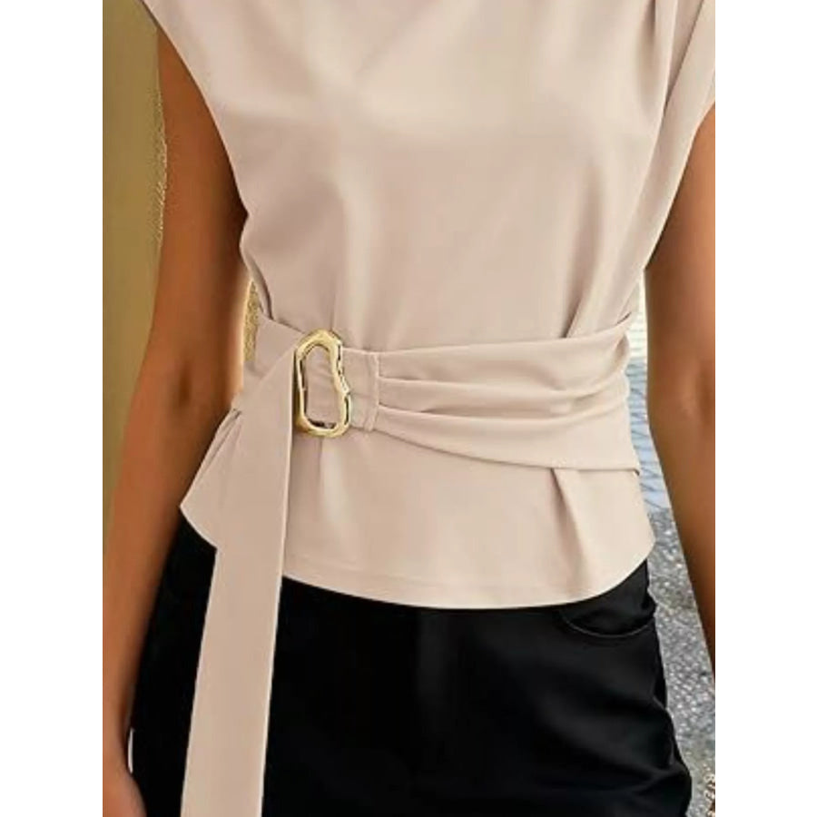 Mock Neck Cap Sleeve Buckle Top Apparel and Accessories