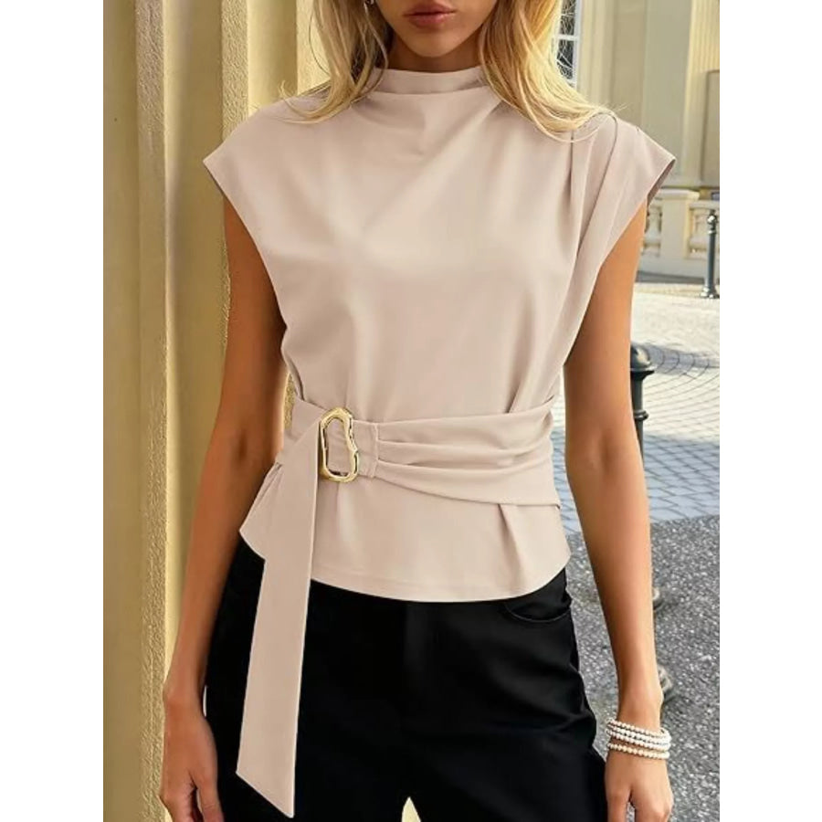 Mock Neck Cap Sleeve Buckle Top Beige / S Apparel and Accessories