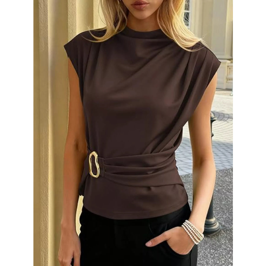 Mock Neck Cap Sleeve Buckle Top Coffee Brown / S Apparel and Accessories
