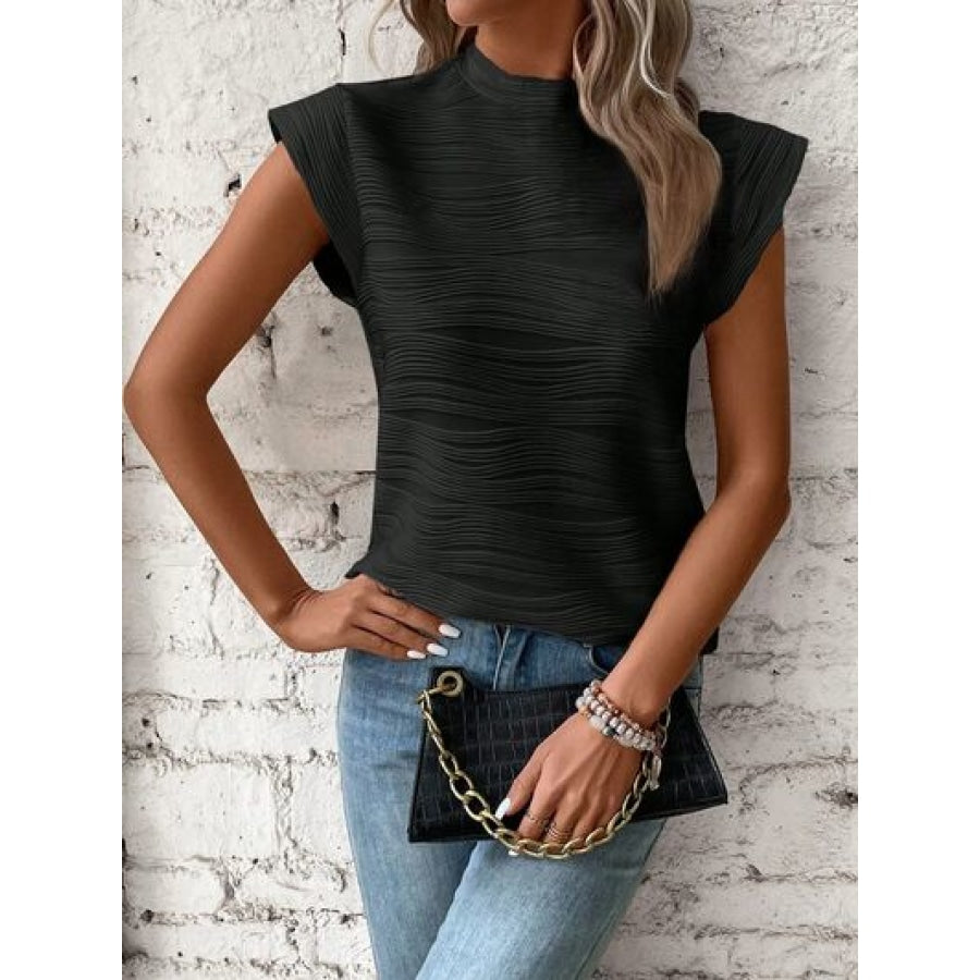 Mock Neck Cap Sleeve T-Shirt Black / S Apparel and Accessories