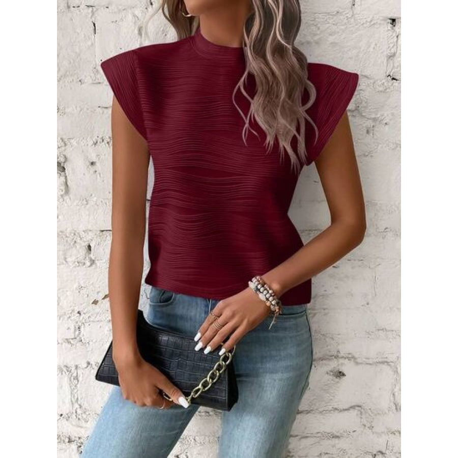 Mock Neck Cap Sleeve T-Shirt Wine / S Apparel and Accessories