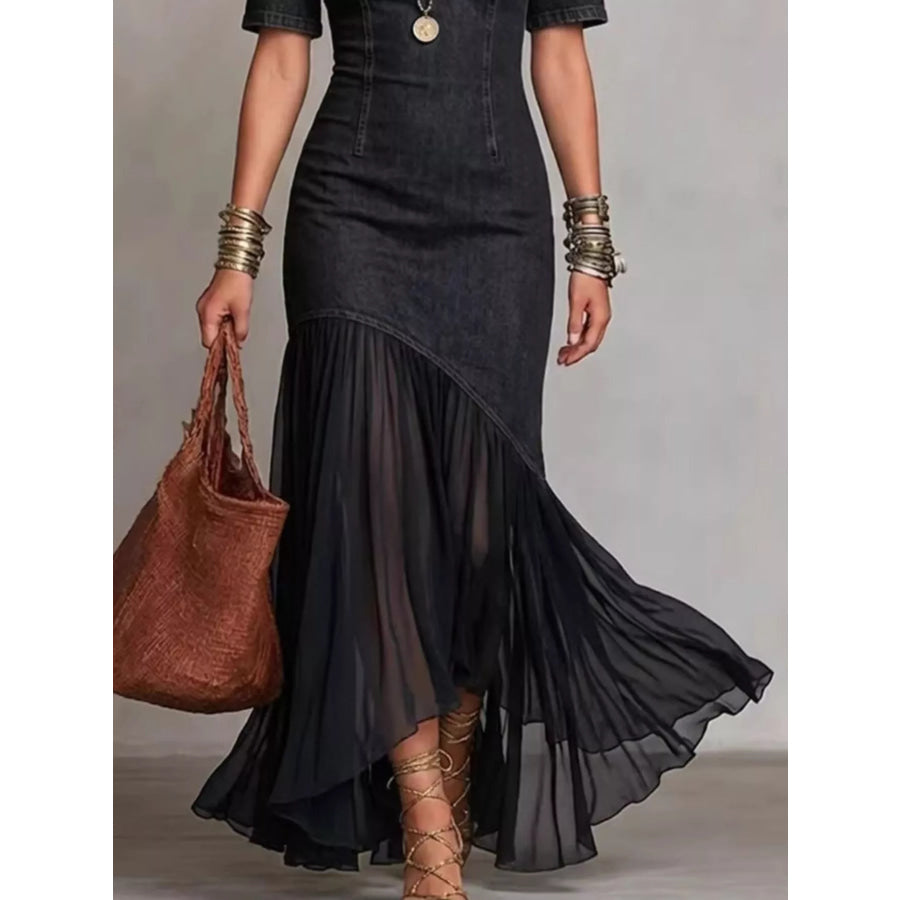 Mock Neck Cold Shoulder Ruffle Hem Maxi Dress Apparel and Accessories