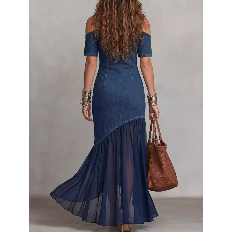 Mock Neck Cold Shoulder Ruffle Hem Maxi Dress Apparel and Accessories